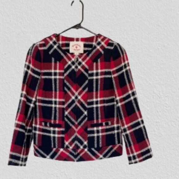 Brooks Brother Wool Blend Tartan Plaid Short Jacket - Red/Navy, Size 0 - Picture 1 of 6